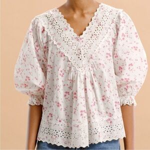 ByTiMo Rose Print Eyelet Cotton Blouse Pink Roses Size Medium‎